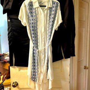 Short sleeve collared button-down slip underneath rope tie, summer crinkle dress